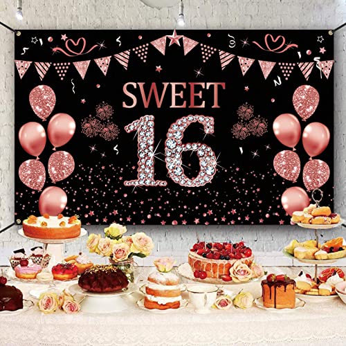 Trgowaul Sweet 16 Birthday Decorations for Girls,Rose Gold Sweet 16 Photo Backdrop Banner, Sixteen Birthday Party Sign Photography Supplies, Pink Sweet 16 Decorations Poster Background Decor