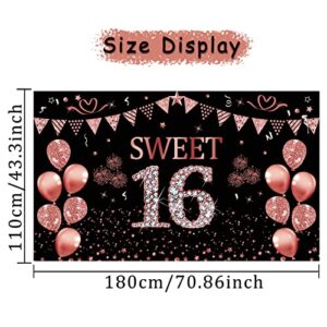 Trgowaul Sweet 16 Birthday Decorations for Girls,Rose Gold Sweet 16 Photo Backdrop Banner, Sixteen Birthday Party Sign Photography Supplies, Pink Sweet 16 Decorations Poster Background Decor