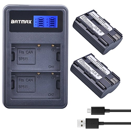 Batmax 2Packs BP-511A BP-511 BP 511 511A Battery + LCD Dual USB Charger for Canon EOS 5D, 10D, 20D, 30D, 40D, 50D, Digital Rebel 1D, D60, 300D, D30, Kiss Powershot G5, Pro