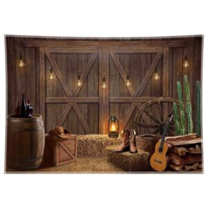 zthmoe 7x5ft fabric western cowboy photography backdrop wild west barn door wooden house background for kids boy children vintage photo tapestry booth props