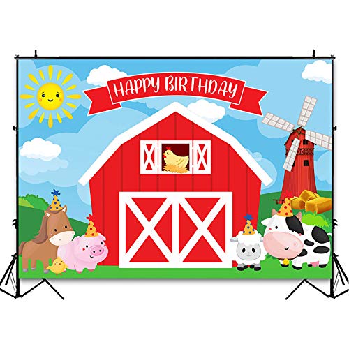 Avezano Farm Backdrop for Kids Birthday Party Decorations Red Barn Farm Animal Photography Background Cartoon Farm Animals Happy Birthday Party Banner Photoshoot Backdrops (7x5ft)