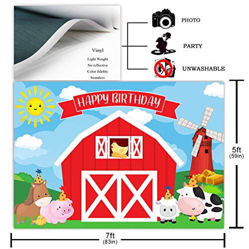 Avezano Farm Backdrop for Kids Birthday Party Decorations Red Barn Farm Animal Photography Background Cartoon Farm Animals Happy Birthday Party Banner Photoshoot Backdrops (7x5ft)