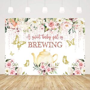 ticuenicoa a baby is brewing baby shower backdrop for photography teapot butterfly floral babyshower background newborn kids 1st birthday party backdrops cake table banner photo booth props 5x3ft