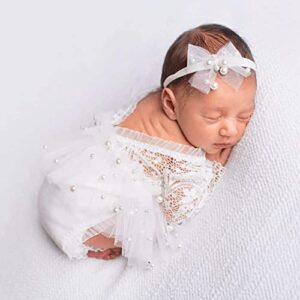 m&g house newborn photography props white lace outfits newborn photography outfits girl lace rompers baby photo prop skirts baby photoshoot props (long sleeve, white, 0-2 months)