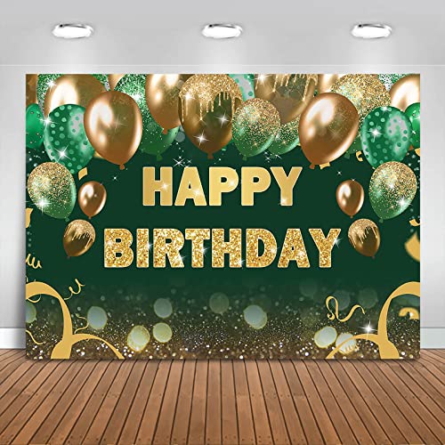 Mocsicka Glitter Green Gold Birthday Backdrop Gold Green Bokeh Balloons Women Men Happy Birthday Banner Decoration Birthday Party Photography Background Photo Backdrop Props (7x5ft)