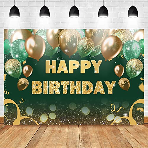 Mocsicka Glitter Green Gold Birthday Backdrop Gold Green Bokeh Balloons Women Men Happy Birthday Banner Decoration Birthday Party Photography Background Photo Backdrop Props (7x5ft)