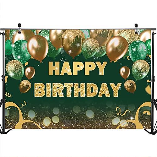 Mocsicka Glitter Green Gold Birthday Backdrop Gold Green Bokeh Balloons Women Men Happy Birthday Banner Decoration Birthday Party Photography Background Photo Backdrop Props (7x5ft)