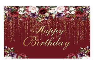 funnytree 7x5ft happy birthday party backdrop burgundy red flowers golden glitter floral photography background women lady girl cake table decorations 16th 30th 40th 50th 60th banner photo booth