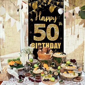 50th Birthday Door Banner Backdrop, Black Gold Happy 50th Birthday Decorations Women Men, 50 Years Birthday Photo Booth Props, Fifty Birthday Party Sign Decor for Outdoor Indoor Sturdy, Vicycaty