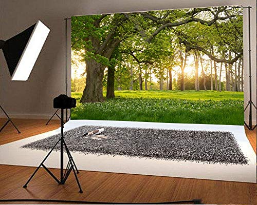 Leowefowa 7X5FT Spring Backdrop Rural Forest Trees Backdrops for Photography Blooming Flowers Green Grassland Nature Vinyl Photo Background Kids Adults Outdoor Travel Portraits Studio Props