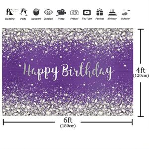 Aperturee 6x4ft Glitter Purple Diamonds Happy Birthday Backdrop Shinning Silver Bokeh Dots Women Girls Photography Background Sweet 16 Party Decorations Cake Table Banner Supplies Photo Booth Studio