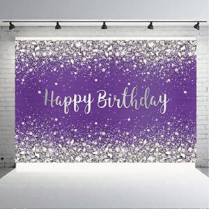 Aperturee 6x4ft Glitter Purple Diamonds Happy Birthday Backdrop Shinning Silver Bokeh Dots Women Girls Photography Background Sweet 16 Party Decorations Cake Table Banner Supplies Photo Booth Studio