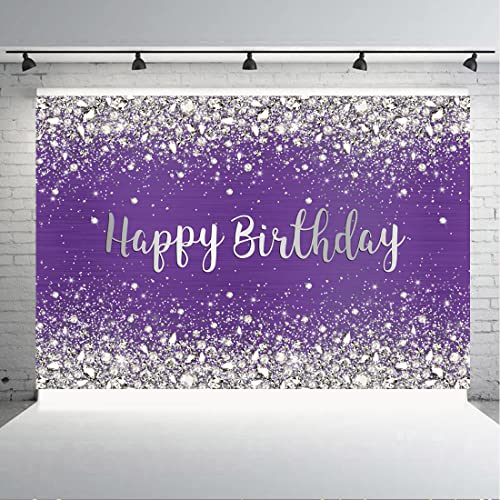 Aperturee 6x4ft Glitter Purple Diamonds Happy Birthday Backdrop Shinning Silver Bokeh Dots Women Girls Photography Background Sweet 16 Party Decorations Cake Table Banner Supplies Photo Booth Studio