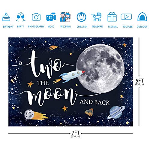 Ticuenicoa 7x5ft Two The Moon 2nd Birthday Backdrop for Boy Outer Space Rocket Astronaut Theme Backdrop Night Sky Gold Hanging Stars Planet Galaxy Photo Background Kids Birthday Party Decoration