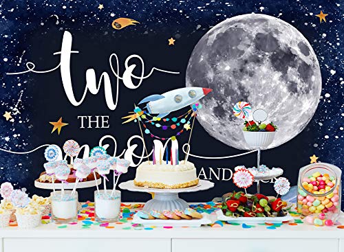 Ticuenicoa 7x5ft Two The Moon 2nd Birthday Backdrop for Boy Outer Space Rocket Astronaut Theme Backdrop Night Sky Gold Hanging Stars Planet Galaxy Photo Background Kids Birthday Party Decoration