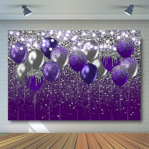 Avezano Purple and Silver Glitter Backdrop for Birthday Wedding Prom Graduation Photography Background Glitter Silver Purple Balloon Party Decorations Photoshoot Photobooth (7x5ft, Purple and Silver)
