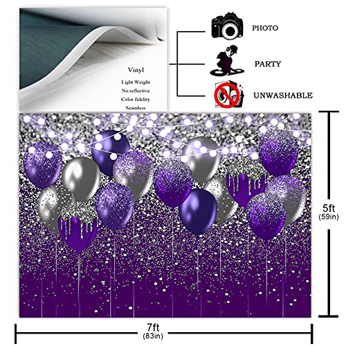 Avezano Purple and Silver Glitter Backdrop for Birthday Wedding Prom Graduation Photography Background Glitter Silver Purple Balloon Party Decorations Photoshoot Photobooth (7x5ft, Purple and Silver)