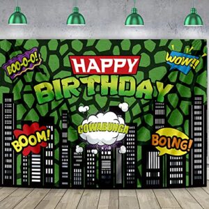 BINQOO 7×5ft Cartoon Birthday Backdrop Green American Comics Cityscape Buildings Photography Background Tortoise Boy Newborn Baby Shower Kids Decoration Birthday Party Photo Booth Prop