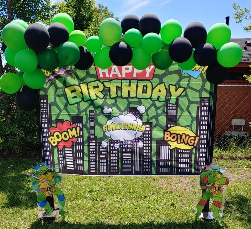 BINQOO 7×5ft Cartoon Birthday Backdrop Green American Comics Cityscape Buildings Photography Background Tortoise Boy Newborn Baby Shower Kids Decoration Birthday Party Photo Booth Prop