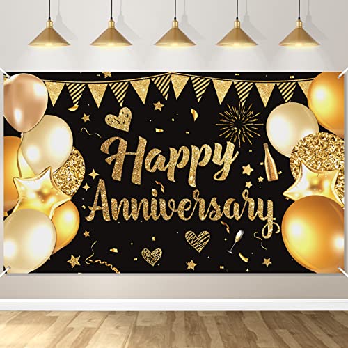 Black Happy Anniversary Party Banner Backdrop, Large Black Gold Wedding Anniversary Banner, Valentine's Day Anniversary Party Background Poster Wedding Anniversary Birthday Party Decorations