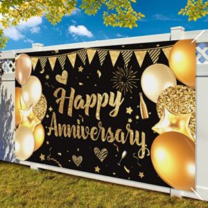 Black Happy Anniversary Party Banner Backdrop, Large Black Gold Wedding Anniversary Banner, Valentine's Day Anniversary Party Background Poster Wedding Anniversary Birthday Party Decorations