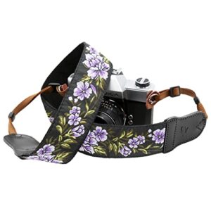 purple flower camera strap – 2″wide with double layer cowhide head,pure cotton embroidery camera shoulder straps,adjustable camera neck strap for all dslr / slr cameras, best gifts for photographers