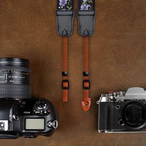 Purple Flower Camera Strap - 2"Wide with Double Layer Cowhide Head,Pure Cotton Embroidery Camera Shoulder Straps,Adjustable Camera Neck Strap for All DSLR / SLR Cameras, Best Gifts for Photographers