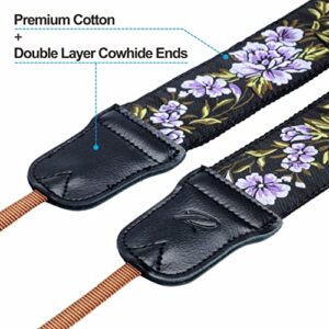 Purple Flower Camera Strap - 2"Wide with Double Layer Cowhide Head,Pure Cotton Embroidery Camera Shoulder Straps,Adjustable Camera Neck Strap for All DSLR / SLR Cameras, Best Gifts for Photographers