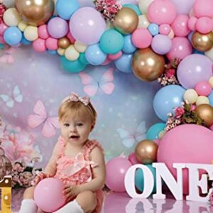 First Birthday Backdrop for Girl Pink Purple Balloon Backdrops for Photography Cake Smash Background for Baby Girl Flowers Butterfly Kids1st Birthday Banner Decorations 7x5ft