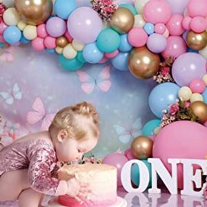 First Birthday Backdrop for Girl Pink Purple Balloon Backdrops for Photography Cake Smash Background for Baby Girl Flowers Butterfly Kids1st Birthday Banner Decorations 7x5ft