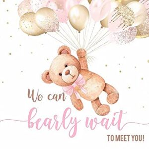 HUAYI We Can Bearly Wait to Meet You Baby Shower Backdrop Teddy Bear Decoration Background Pastel Tone Sweet Pink Balloons and Brown Girl Babyshower Backdrops 6.5x5ft