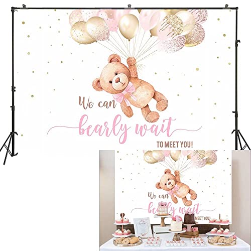 HUAYI We Can Bearly Wait to Meet You Baby Shower Backdrop Teddy Bear Decoration Background Pastel Tone Sweet Pink Balloons and Brown Girl Babyshower Backdrops 6.5x5ft