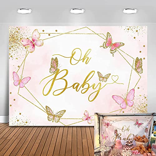 Mocsicka Butterfly Baby Shower Backdrop 7x5ft Oh Baby Pink Glitter Butterflies Baby Shower Party Decorations for Girls Butterfly Kisses and Baby Wishes Photography Background