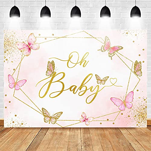 Mocsicka Butterfly Baby Shower Backdrop 7x5ft Oh Baby Pink Glitter Butterflies Baby Shower Party Decorations for Girls Butterfly Kisses and Baby Wishes Photography Background