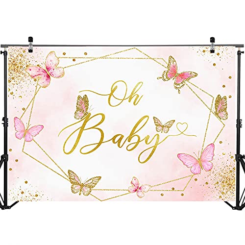 Mocsicka Butterfly Baby Shower Backdrop 7x5ft Oh Baby Pink Glitter Butterflies Baby Shower Party Decorations for Girls Butterfly Kisses and Baby Wishes Photography Background