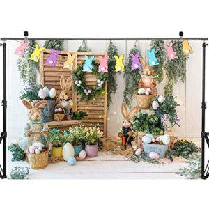 CHAIYA 7x5ft Easter Backdrop Hare Rabbits Colorful Eggs Rustic Wood Floor Photography Background for Kids Children Newborn Baby Shower Birthday Party Decor Banner CY-150