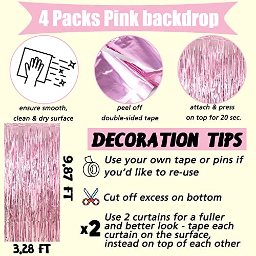 4 Pack Pink Fringe Curtain Backdrop, 3.2Ft x 9.8Ft Metallic Tinsel Foil Fringe Streamers Background for Photo Booth Birthday Wedding Baby Shower Carnival Easter Mother’s Day Party Decorations