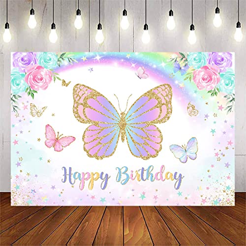 Avezano Pastel Butterfly Birthday Backdrops Girls Pink Butterfly Happy Birthday Party Background Rainbow Butterflies Bday Decorations Banner for Cake Table Supplies(7x5ft)