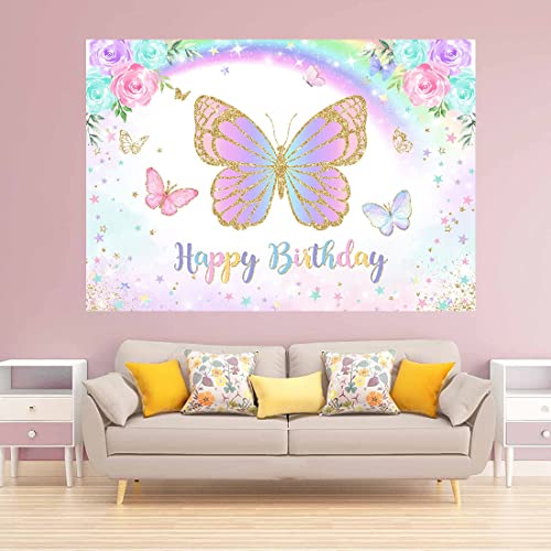 Avezano Pastel Butterfly Birthday Backdrops Girls Pink Butterfly Happy Birthday Party Background Rainbow Butterflies Bday Decorations Banner for Cake Table Supplies(7x5ft)