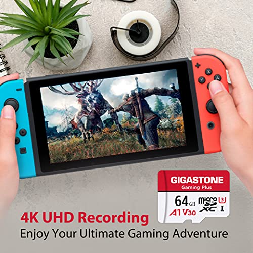 Gigastone 64GB Micro SD Card, Gaming Plus, Nintendo-Switch Compatible, High Speed 90MB/s, 4K UHD Video Recording, Micro SDXC UHS-I A1 V30 U1 Class 10