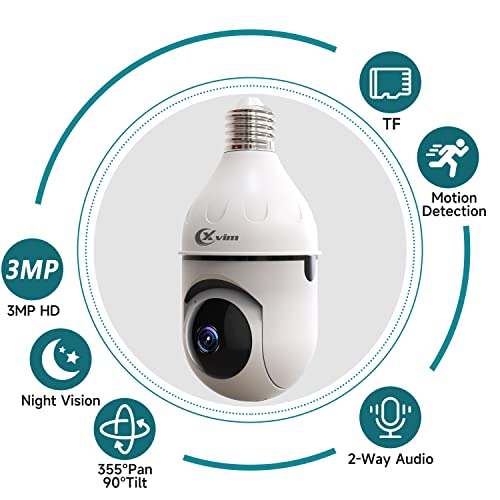 XVIM 3MP Light Bulb Security Camera, WiFi Wireless Home Light Bulb Camera, 360° Degree Pan/Tilt View Night Vision, Indoor/Outdoor