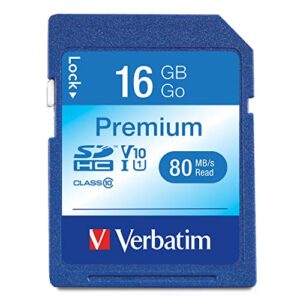 verbatim 16gb premium sdhc memory card, uhs-i v10 u1 class 10, blue