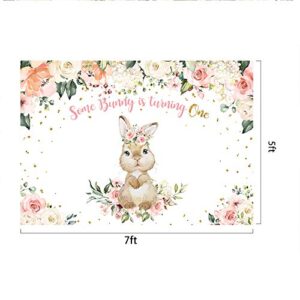 Pink Floral Rabbit First Birthday Backdrop Spring Watercolor Flower Baby Girl Happy 1st Birthday Background Baby Shower Newborn Baby Party Decorations Cake Table Supplies Photo Booth Props 7x5ft