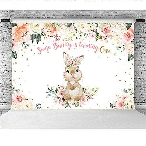 Pink Floral Rabbit First Birthday Backdrop Spring Watercolor Flower Baby Girl Happy 1st Birthday Background Baby Shower Newborn Baby Party Decorations Cake Table Supplies Photo Booth Props 7x5ft
