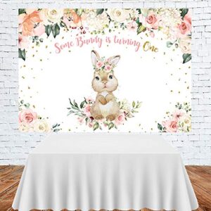 Pink Floral Rabbit First Birthday Backdrop Spring Watercolor Flower Baby Girl Happy 1st Birthday Background Baby Shower Newborn Baby Party Decorations Cake Table Supplies Photo Booth Props 7x5ft