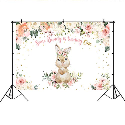 Pink Floral Rabbit First Birthday Backdrop Spring Watercolor Flower Baby Girl Happy 1st Birthday Background Baby Shower Newborn Baby Party Decorations Cake Table Supplies Photo Booth Props 7x5ft