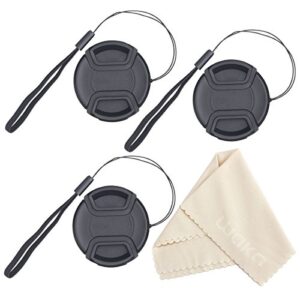 waka unique design lens cap bundle, 3 pcs 49mm center pinch lens cap and cap keeper leash for canon nikon sony dslr camera + microfiber cleaning cloth