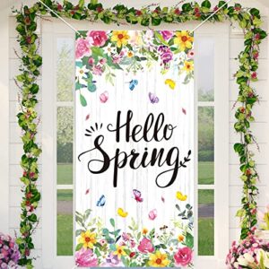 hello spring welcome door cover for spring floral party decorations colorful spring butterfly backdrop large front door banner background for easter home baby shower wall porch indoor outdoor supplies