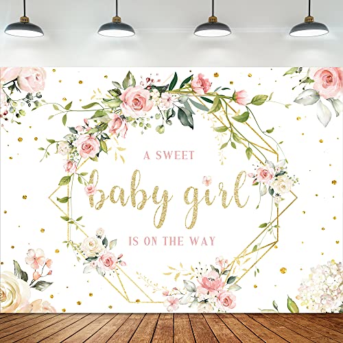 Omifly Baby Girl Backdrop for Baby Shower Floral Sweet 7x5ft Photography Wall Pink Rose Flower Green Eucalyptus Leaves Gold Dot Background Newborn Pregnancy Party Decorations Photo Booth Studio Props