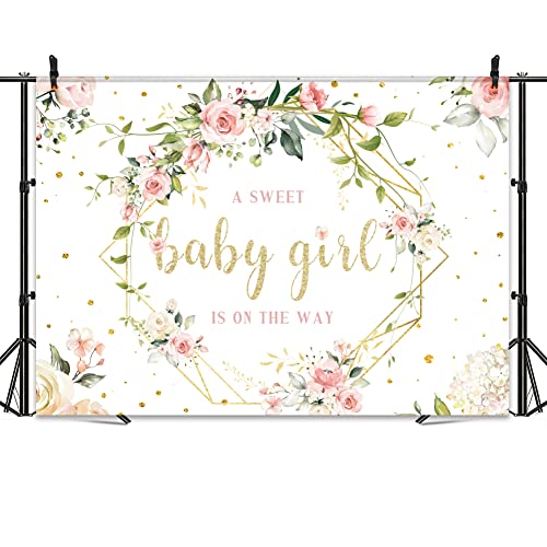 Omifly Baby Girl Backdrop for Baby Shower Floral Sweet 7x5ft Photography Wall Pink Rose Flower Green Eucalyptus Leaves Gold Dot Background Newborn Pregnancy Party Decorations Photo Booth Studio Props